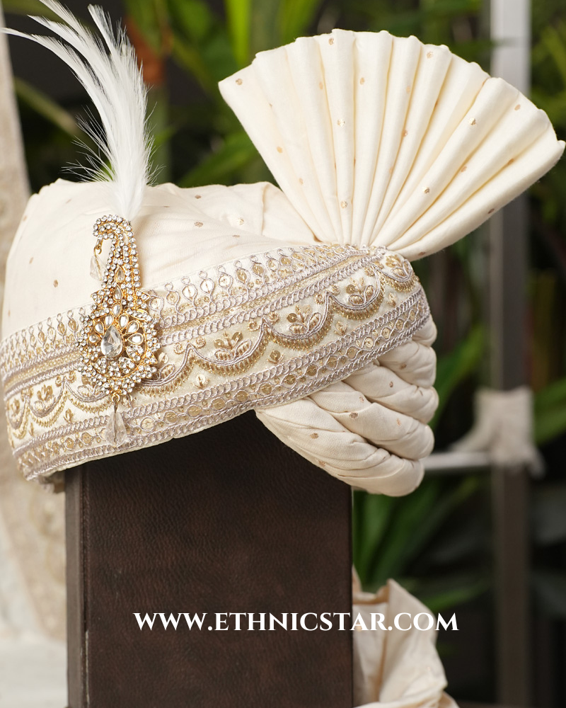 Cream Chanderi Fabric Wedding Safa And Dupatta